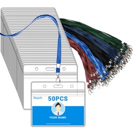 Segarty Lanyards with ID Holder, 50 Pack Horizontal Clear Credit Card Name Tag Holders, 5 Dark Colored Srtap Lanyard with ID Badges Bulk, Plastic Nametags Case Protector for Student, Teacher, Nurse