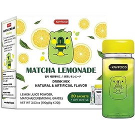 KAYFOOD Limonada Matcha Premium, mezcla de té verde coreano y jugo de limón en polvo, 5 g (0.1 oz) x 20 sobres (100 g) con botella de regalo, sin