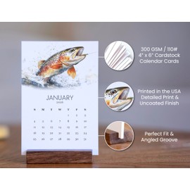 2026 Monthly Office Desk Calendar - Trout Fly Fishing - Watercolor Style - Wood Stand - Annual 12 Month - 4” x 6” Cards – Minimalist Home Décor (Trout Fishing)
