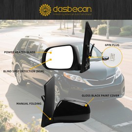 Dasbecan Driver Side Mirror Compatible with 2013-2017 Toyota Sienna Left Door Mirror w/Blind Spot Light, Power Heated Glass, Manual Folding, Replace#TO1320301 (6pins) Black