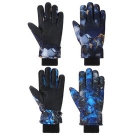 Honoson 2 Pairs Kids Snow Gloves Winter Waterproof Ski Gloves for Boys Girls Outdoor Toddler Snowboard Warm Youth Clothes(Blue Black Watercolor Gilt Pattern,10-15 Years)