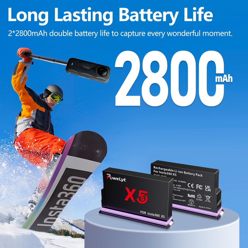 PoweLyt 360 X5 Battery 2 Packs 2800mAh High Capacity Waterproof