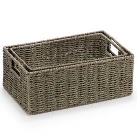 Woodluv Storage Baskets set of 2, Paper Rope Storage Boxes Bin Organiser Divider for Cupboards Drawer Closet Shelf,Wicker Woven Basket, Dark Green