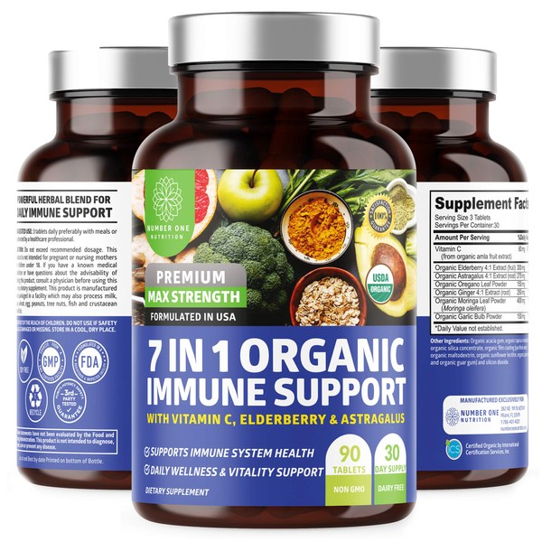 N1N Premium 7 in 1 Immune Support Supplement [100% USDA Organic] Daily Immune Boost with Vitamin C, Elderberry, Moringa Leaf, Oregano and Garlic for Immunity and Inflammatory Response, 90 Tablets
