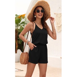 MISFAY Womens Summer Loose V Neck Spaghetti Strap Short Jumpsuit Rompers (S, Black)