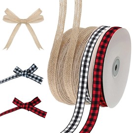 4 Rolls Christmas Ribbons, Black Red Buffalo Plaid Fabric Ribbon, Black White Checked Gingham Ribbon, Natural Burlap Ribbons, Assorted Rustic Wrapping Ribbon for Wreaths DIY Crafts Bow-Knot Making Wedding Party Decor