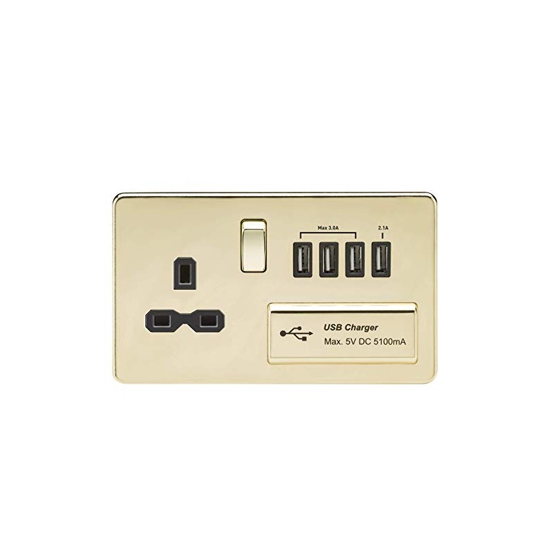 Knightsbridge SFR7USB4PB Screwless 1G 13A Switched Socket with Quad USB