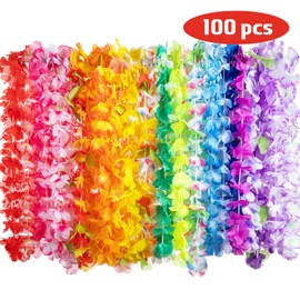 Pack of 100 Hawaiian Flower Necklaces, Hawaiian Necklace, Beach Party Jewellery, for Tropical Theme Beach Party, Dress, Party Favours, Beach and Themed Birthdays (100 Pieces)