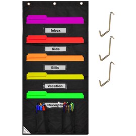 COMPONO Wall Storage Pocket Charts for Classroom (5 Pocket, Black w/Window) File Organizers - Best Hanging File Pocket Chart for School, Classroom, Home or Office Use. Wall Pocket Chart Organizer