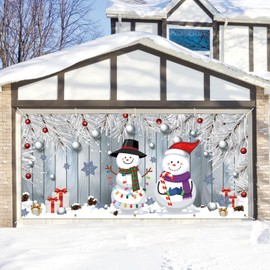 13 x 6 FT Christmas Garage Door Cover Banner Backdrop Decorations - White Snow Winter Snowman Snowflake Gifts Printed Hanging Garage Door Background for Indoor Outdoor House Patio Décor Party Supplies