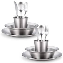 Odoland Stainless Steel Camping Mess Kit for Family & 2 Person, Cooking Tableware Utensils with Plates Bowls Forks Spoons Knives & Savings Bag for Camping, Backpacking, Hiking, Picnic, 2 Person Set