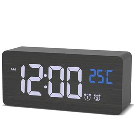 aboveClock Alarm Clock for Bedroom, Wooden Digital Clock with Large Numbers, Dual Alarms, Adjustable Loud Volume for Heavy Sleeper, Snooze, 5-100% Dimmer, Temperature, Black