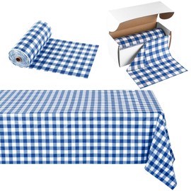 Kochorie 54 Inch x 300 Ft Blue Checkered Plastic Table Cloth Roll Disposable Waterproof Table Cover Plastic Table Cover Roll with Easy Slide Cutter for Outdoor Picnic/Home Dining/Spring Party