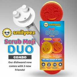 The Original Smiling Sponge Handle Soap Dispensing Handle by Smilyeez - (White) & 3 Scrub Moji Duo Sponges