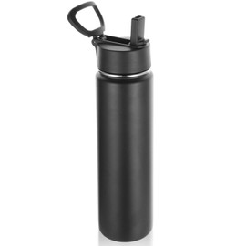 Volhoply 24 Ounce Insulated Water Bottle With Straw Lid,Stainless Steel Wide Mouth Sport Bottles With Handle,Double Wall Vacuum Thermos Keep Cold,Reusable Travel Thermal Cups For Holder,Gym(Black,1)