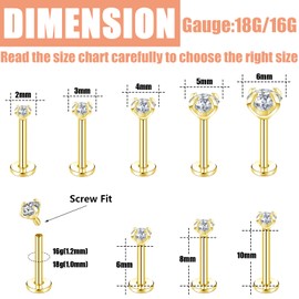 ZS 16G/18G Lip Labret Studs, Stainless Steel Internally Threaded Jewelry for Nose Conch Medusa Piercing, CZ Forward Helix Tragus Earring for Women Men (Gold/18g/10mm)