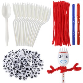 Relaxgiant 50 Set Fork Craft Kit DIY Disposable Creativity Sporks Red Pipe Cleaners Self Adhesive Wiggle Googly Eyes Make Your Own Craft Kit