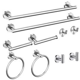 Toptowel 10 Pieces Bath Towel Bar, Includes 2 Packs 23.6 inch Bathroom Towel bar, 4 Packs Towel Hook, 2 Packs Towel Ring, 2 Packs Toilet Paper Holder-Brushed Silver