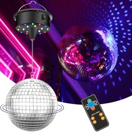 Upgrade Disco Ball with Light and Remote Control, 5/8/10/15 RPM Rotating Disco Ball Spinner with 6 Inch Mirror Ball, Disco Light with 4 Colors Light and 18 LED Beads, for 70s 80s Schoo Theme Party