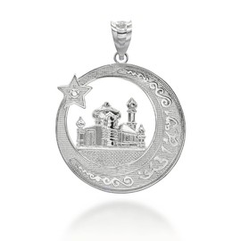 Certified 925 Sterling Silver Islamic Charm Mosque Crescent Moon and Star Pendant