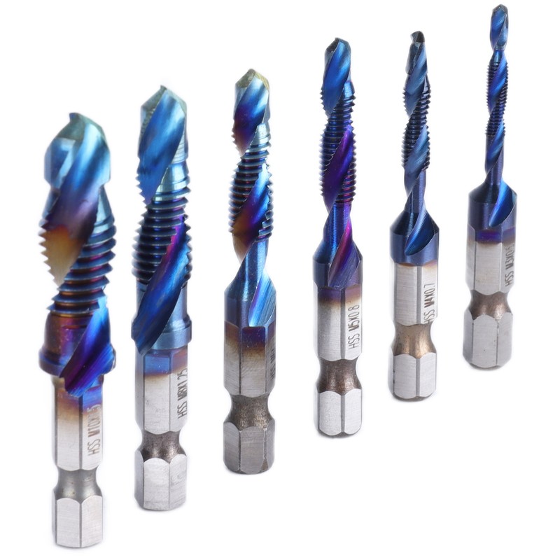 6pcs Spiral Tap Drill Bit Set Blue Plating Coating Hex