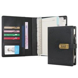 WASON Journal with Lock A5 Binder Diary Ruled Spiral Notebook Planner Portfolio and Refillable Writing Lined Paper Notepad, Pen, Clipboard Organizer For Ideal Business, School & Travel (Black)