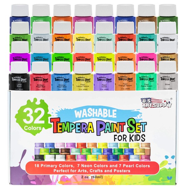 U.S. Art Supply 32 Color Children's Washable Tempera Paint Set - 2 Ounce Wide Mouth Bottles for Arts, Crafts and Posters