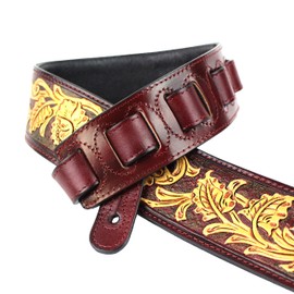 Walker And Williams LHR-37 Handmade Blood Red Premium Carving Leather Guitar Strap With Bright Gold Western Sheridan Carving Pattern And Padded Leather Back For Acoustic, Electric, And Bass Guitars,