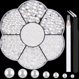 Nail Art Flat Back Half Round Pearl Kits 3, 1 Box of 5600 Pcs Flat-Back White Pearl with Tweezer and Picker Pencil for Home DIY Nails Body Face Craft and Salon Use