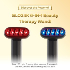Varita de terapia de belleza 6 en 1 GLO24K para rostro, ojos y cuello I basada en terapia de luz LED dual, tecnologías térmicas, de vibración y de microcorriente