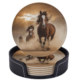 Aicreat 6 Pcs Running Horse Leather Coasters for Drinks with Holder Coaster Sets Drink Table Cup Coasters for Living Room Kitchen Coffee Car Decor