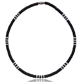 Native Treasure 18" Mens and Womens Tropical Summer Beach Surfer Necklace From the Philippines, Black Coconut Beads and White Ark Shells
