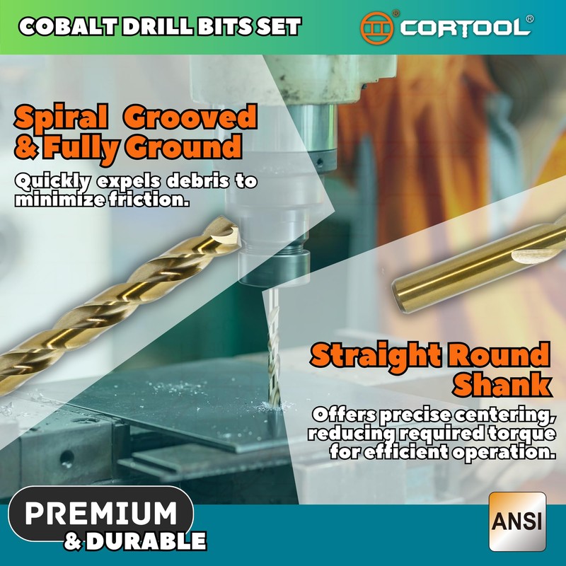 CORTOOL Cobalt Drill Bit Set, 15pcs Twist Jobber Length Drill