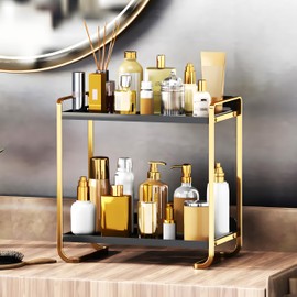 2-Tier Black and Gold Carbon Steel Bathroom Counter Organizer - Skincare Cosmetic Display Tray for Perfume, Makeup, Bathroom, and Vanity Storage - Modern Countertop Organizer and Vanity Decor