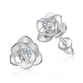Silver/18k Gold/Rose Gold Rose Earrings with AAA Zirconia for Women Flower Stud Earrings, Cubic Zirconia White Gold Sterling Silver