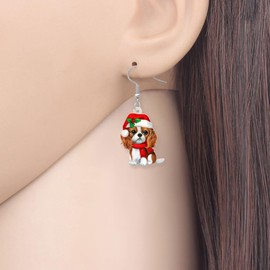SHIGIE Christmas Acrylic Cute Cavalier King Charles Spaniel Dog Earrings Dangle Santa Hat Puppy Animals Gifts For Women Pets Lovers (Brown)