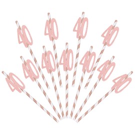 Pack of 24 Birthday Straws, 40th Birthday Straws Rose Gold Paper Straws for Birthday Party, Anniversary Party
