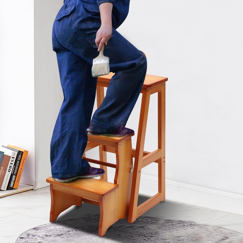 LIAPDG Folding Library Ladder Chair, Wood Folding Library Ladder Chair