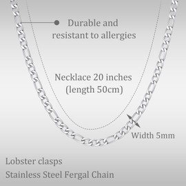 ilasif Stainless Steel/Gold Plated Figaro Chain Necklace for Men, Stainless Steel Necklace 20 Inch with Lobster Clasp, Jewelry Gifts for Men Teens Birthday Valentines Day Christmas Graduation (Steel)