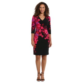 London Times Women's Dresses Flattering V-Neck 3/4 Sleeve Sheath Above The Knee Black/Hot Pink