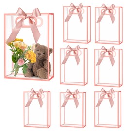 16 Pcs Clear PVC Gift Bag with Handles Ribbon Plastic Party Favor Bags Reusable Transparent Bags for Wedding Bridal Baby Shower Birthday (Pink, 18 x 26 x 8 cm)