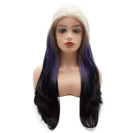 Meiyite Hair Wavy Long 24inch Blonde Root Purple Black Ombre Wig Half Hand Tied Heavy Density Realistic Synthetic Lace Front Wig