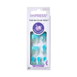 KISS imPRESS No Glue Pedi Press-On Nails, Design, 'Last Flowers', Medium Blue, Short Size, Squoval Shape, Includes 24 Nails, Prep Pad, Instructions Sheet, 1 Manicure Stick, 1 Mini File