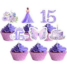 JOYMEMO 36Pcs Purple Floral Quinceanera 15th Birthday Cupcake Toppers, Mis Quince Anos 15 Year Old Girl Fifteenth Bday Flowers Crown Butterfly Cupcake Picks Quinceanera Decorations
