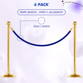 6 Pack Velvet Stanchion Rope, 5 Feet Crowd Control Stanchion Ropes Safety Barrier with Gold Plated Hook for Carpet Events Movie Theaters Grand Openings Hotels Party (Blue)