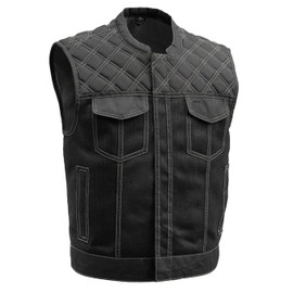 First Mfg Co Upside Men's Moto Mesh Vest: 2.5" shorter, Cordura & Moto Mesh, club style, 1" collar, covered snaps, hidden zipper, diamond stitching, concealed carry, mesh liner, YKK zippers