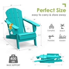 GREENVINES Folding-Adirondack-Chair | HDPE Plastic | Fire Pit Chairs | All Weather | Cup Holder | Aqua | for Deck Backyard Patio Outdoor Garden