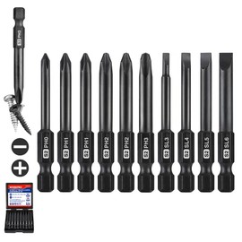 WORKPRO 10pcs Slotted Phillips Screwdriver Bit Set, CNC Machined S2 Steel Magnetic Screwdriver Bits Set, 1/4 Inch Hex Shank Driver Bits, 2.3 Inch Long Screwdriver Bits Set with Storage Box