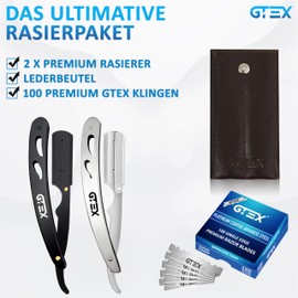 GTEX GTEX Rasiermesser mit 100 Premium GTEX Rasierklingen & Ledertasche - 2 Rasiermesser Herren (Schwarz und Silber) 100 Rasierklinge - Straight Razor Rasierer Herren Ustura Bartmesser