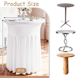 Xosjska 2 Pack 32 x 43 Inch Round Spandex Cocktail Tablecloths with Skirt Fitted Elastic Cocktail Tablecloth for High Top Bar, Wedding, Party, Events, White